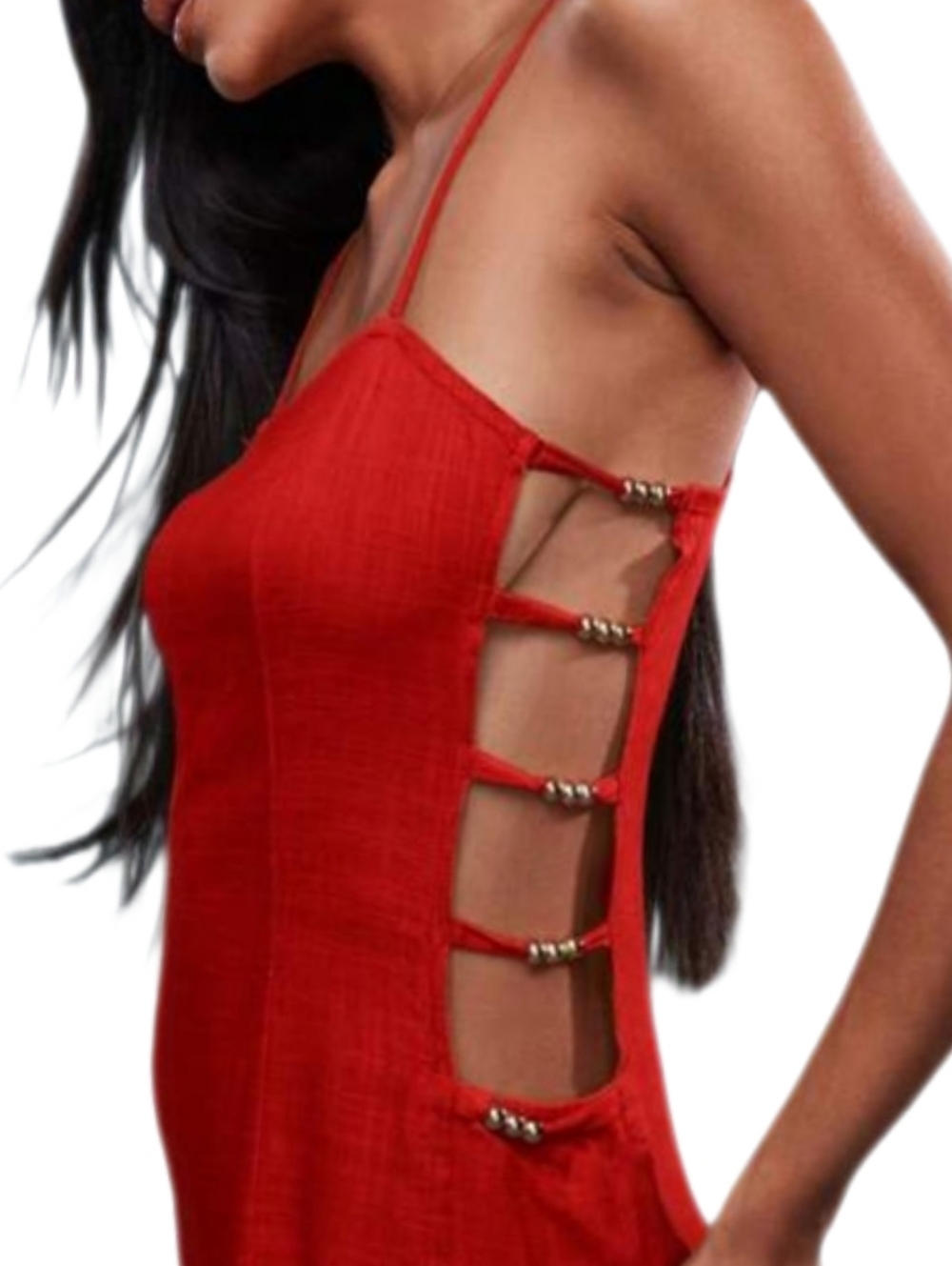MISSGUIDED Metal Beads Detail Linen Blend Side Cut-Out Maxi Dress Large NWT - Picture 6 of 15
